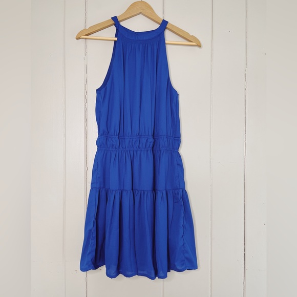 NWT Japna Royal Blue Halter Tiered Keyhole Back Smocked Waist Mini Dress sz M - Picture 2 of 8
